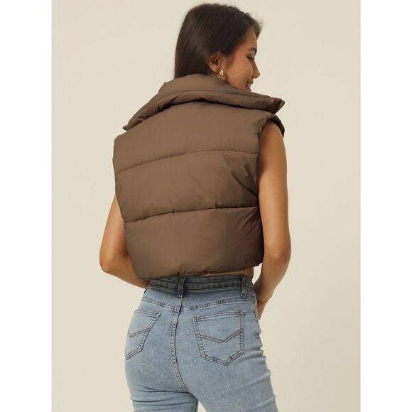 Crop Puffer Vest Lightweight Sleeveless Zip Up Padded Gilet Coat Brown - Picture 4 of 6